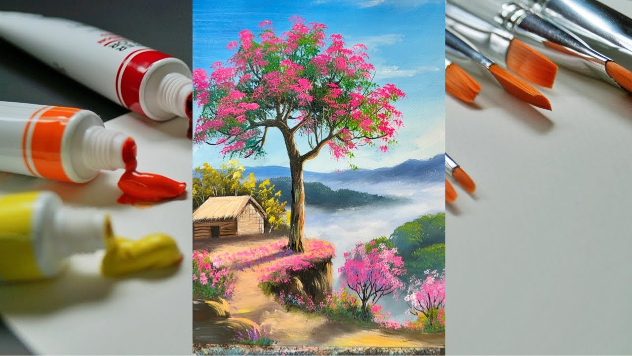 Step-by-Step  |  Pink Blossom Tree Beside a Mountain House | Misty Mountain Landscape for Beginners