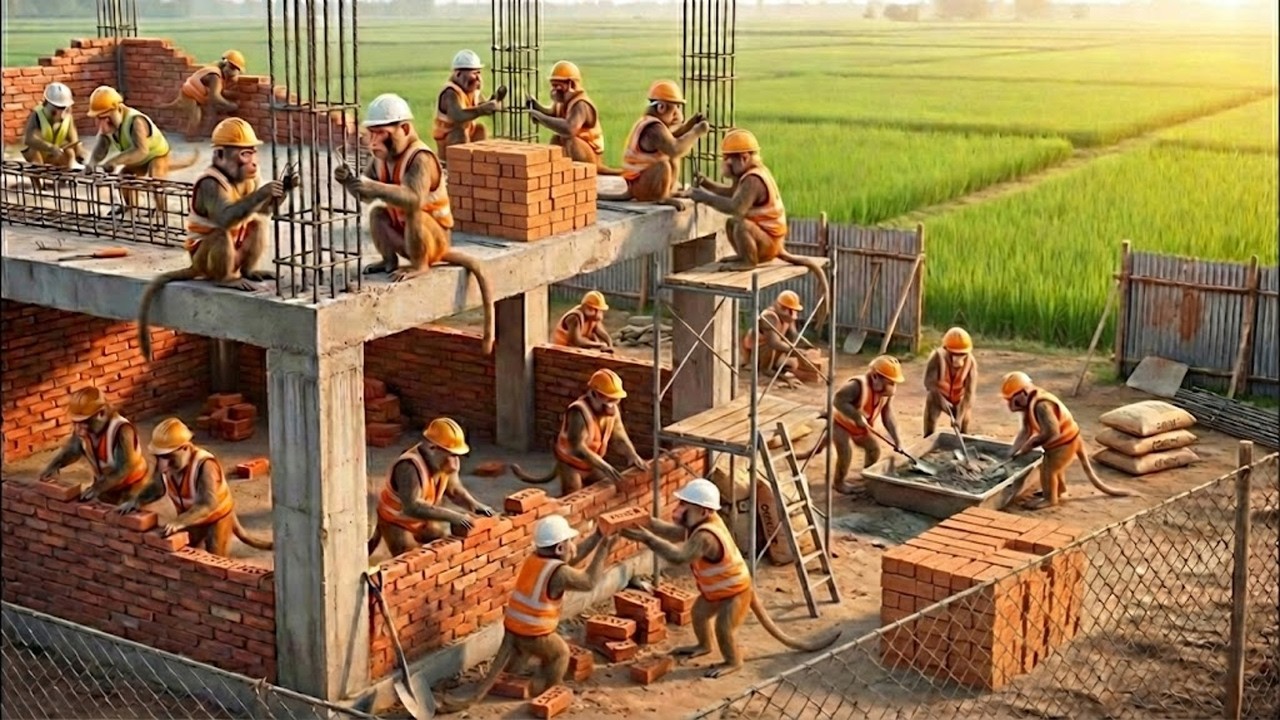 बंदरों ने मिलकर ईंटों का पक्का घर बनाया | Indian Monkeys Build a Solid Brick House Together🐒🏠