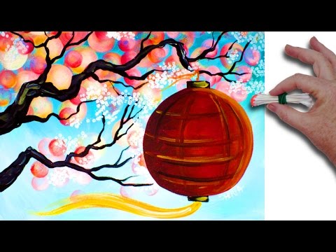 Q-tip 🎨🌷 Cherry Blossom Branch with red lantern 🎨🌷 Acrylic Painting