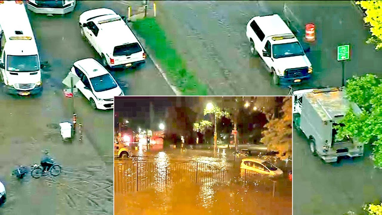 Large water main break floods cars, NYCHA building in Queens - YouTube