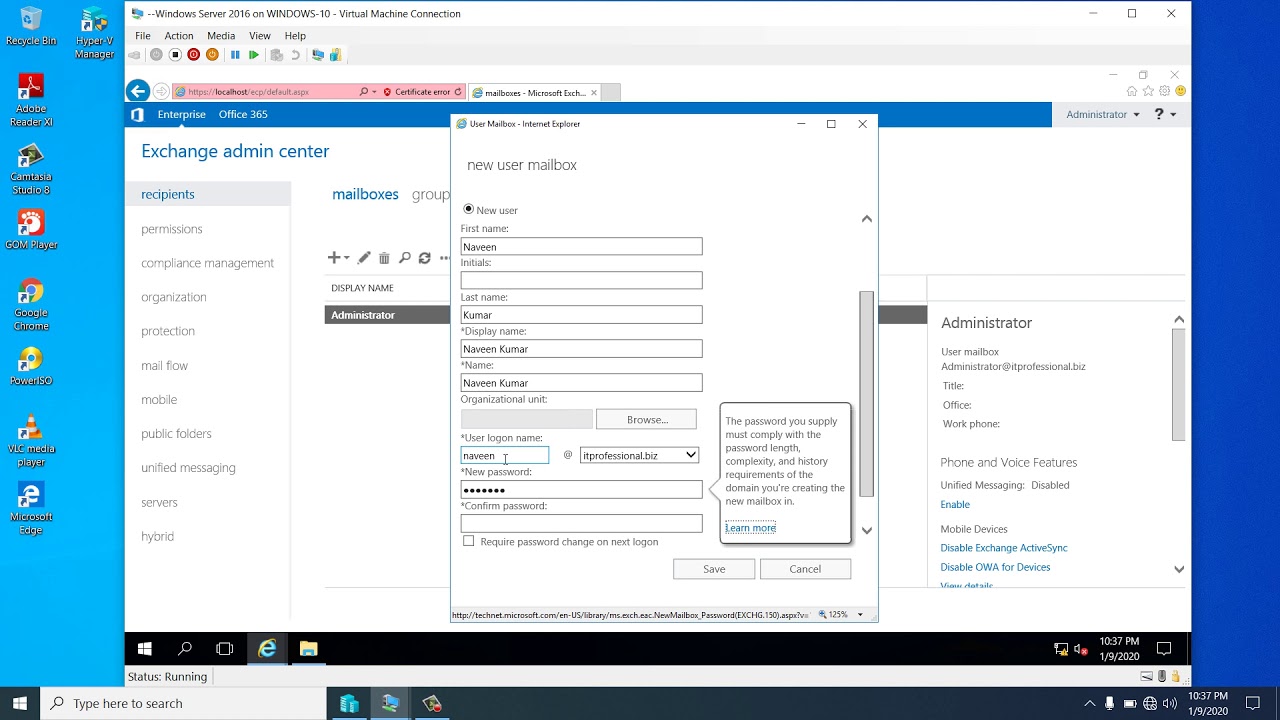 how to create new User Mailbox in Exchange Server 2016 CU15 Part 12 ...