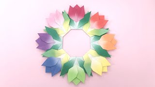 折り紙 チューリップのリース 折り方 Origami flower Tulip wreath tutorial （NiceNo1）