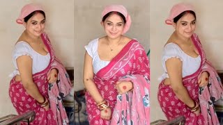 Pink Printed Cotton Saree With White Cotton Blouse Deep Simple & Elegant Traditional Look