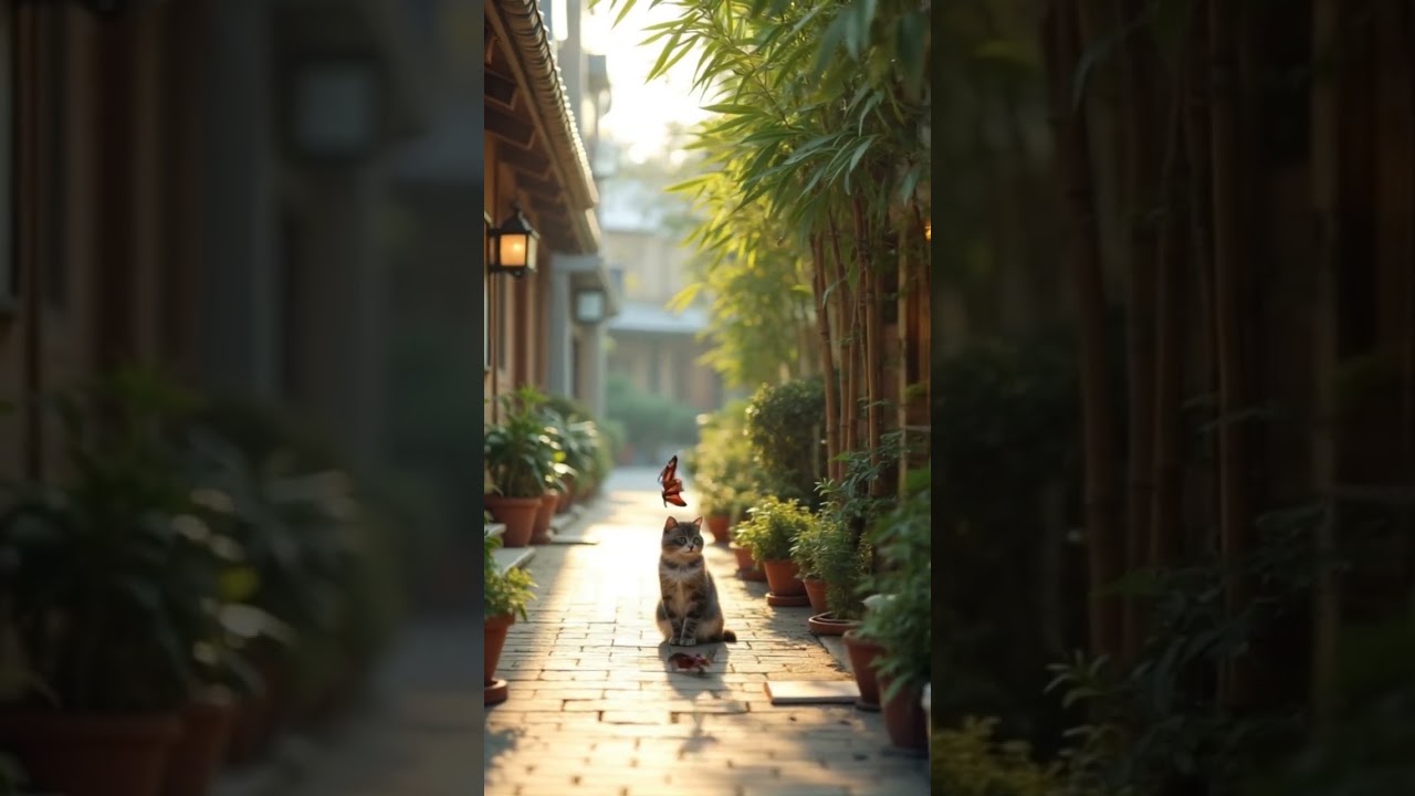 In a serene Japanese alley, an asian fantasy girl admires graceful cats and urban charm.