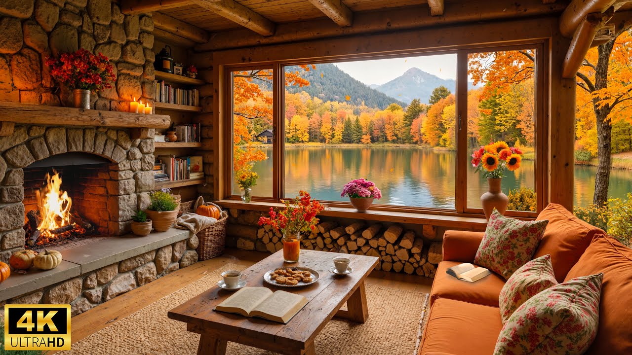 Cozy Autumn Cabin by the Lake - Relaxing Piano Music & Fireplace ...
