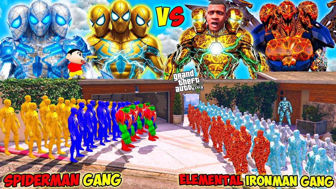 Franklin Elemental Ironman Gang VS Shinchan Spiderman Gang Fight Challenge In GTA 5!