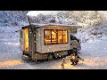 Warm Camping With My Dog In A Cabin Camper With A Wood Stove In The Snowy Forest 