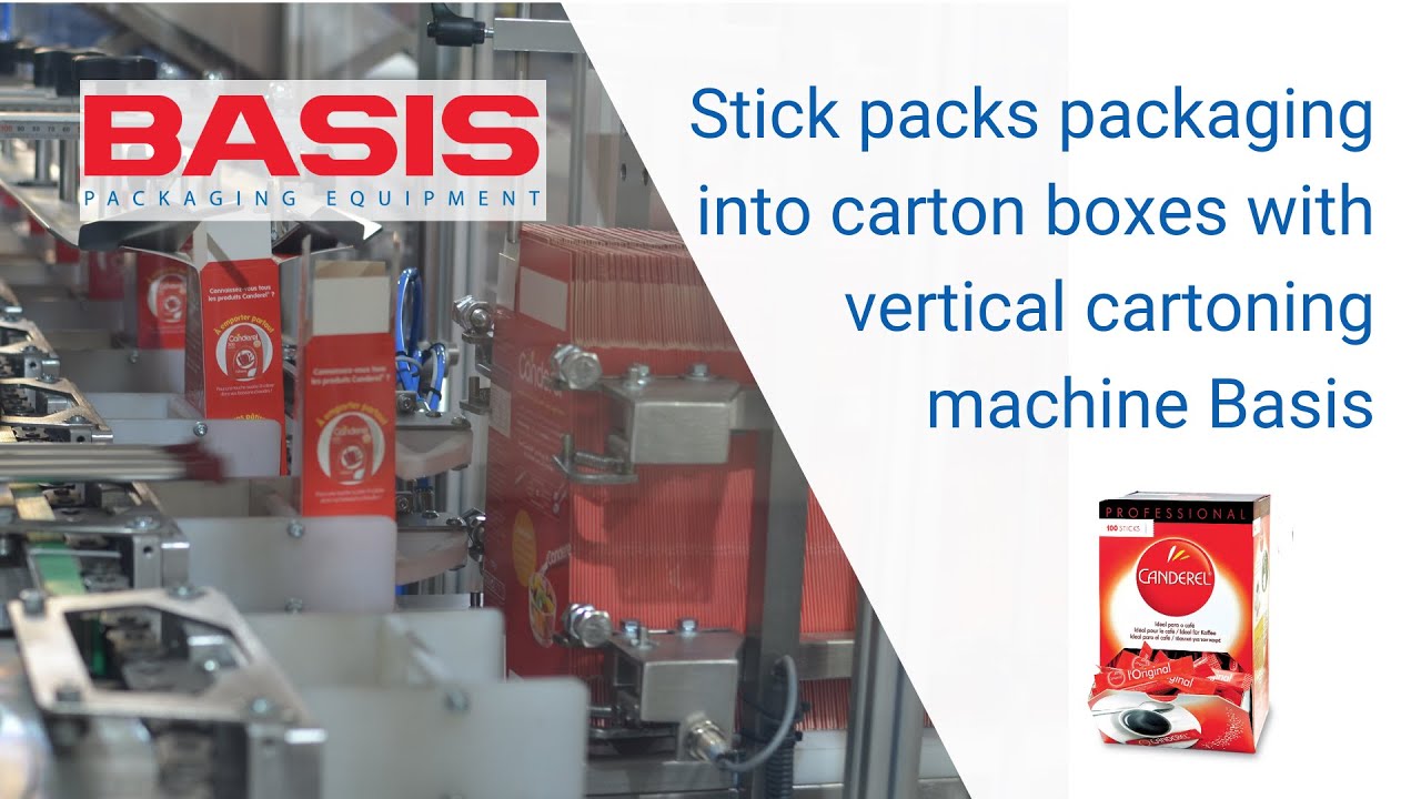 Stick packs packaging into carton boxes with vertical cartoning machine Basis