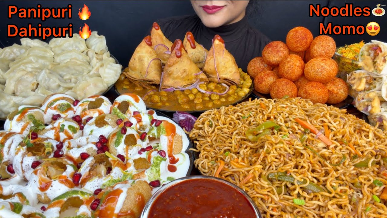 ASMREATING SPICY PANIPURI,DAHIPURI,SHAWARMA,NOODLES,MOMO,CHOLE SAMOSA