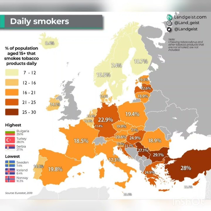 % of population aged 15 that smokes tobacco products daily in Europe! #map #europe #tobacco