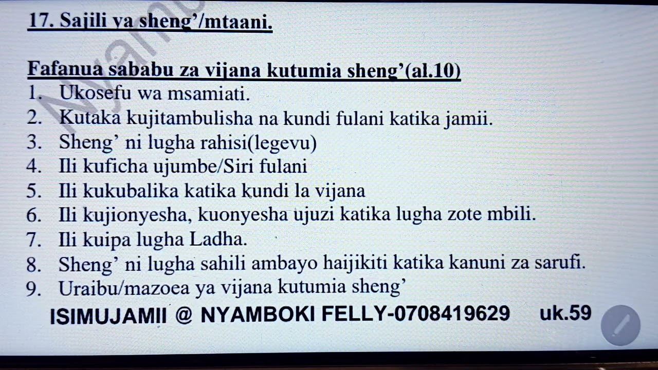 a) Fafanua sababu za vijana kutumia sheng'     b)Eleza kwa nini sheng' si lugha sanifu.(lama 10)