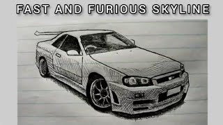 Easy step by step tutorial drawing of Nissan GTR r34 skyline