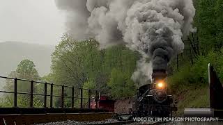 Cass Scenic Railroad’s Heisler #6 crosses over the Trout River Bridge, on May 3rd, 2025.