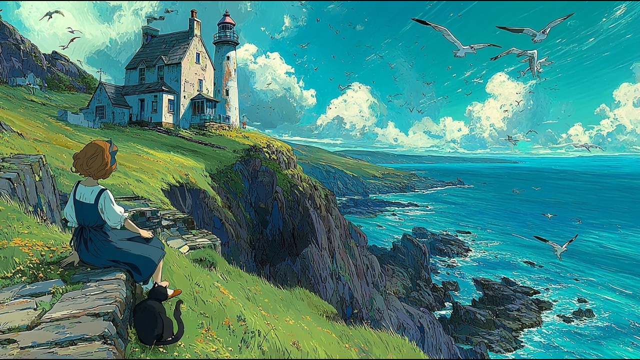 The Lighthouse Girl: Life Alone with Her Faithful Cat 🌊 Cooking & Ocean Sounds | Ghibli Style ASMR