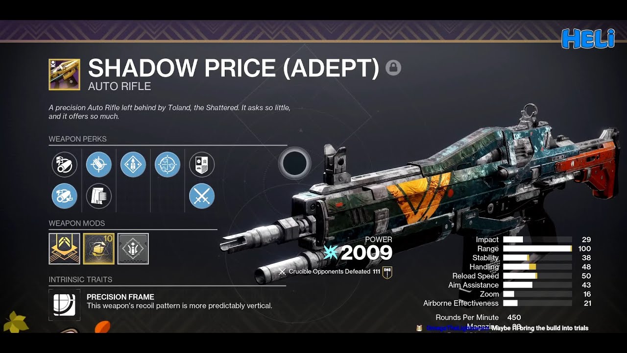 Hunting For A God Roll Shadow Price (Heli Destiny 2