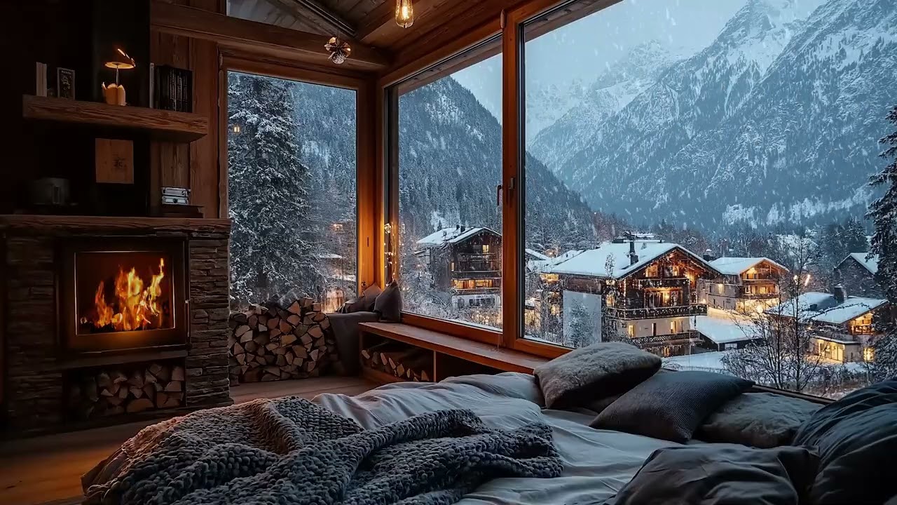 Peaceful Snowfall at a Warm Cabin with Fireplace Crackling for Stress Relief and Deep Sleep