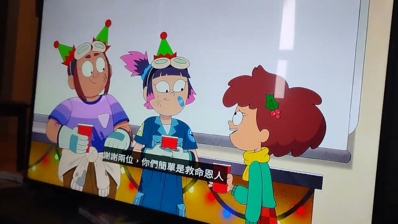 Amphibia froggy little Christmas king Andreas santa robot land on front of hop pop & Polly 