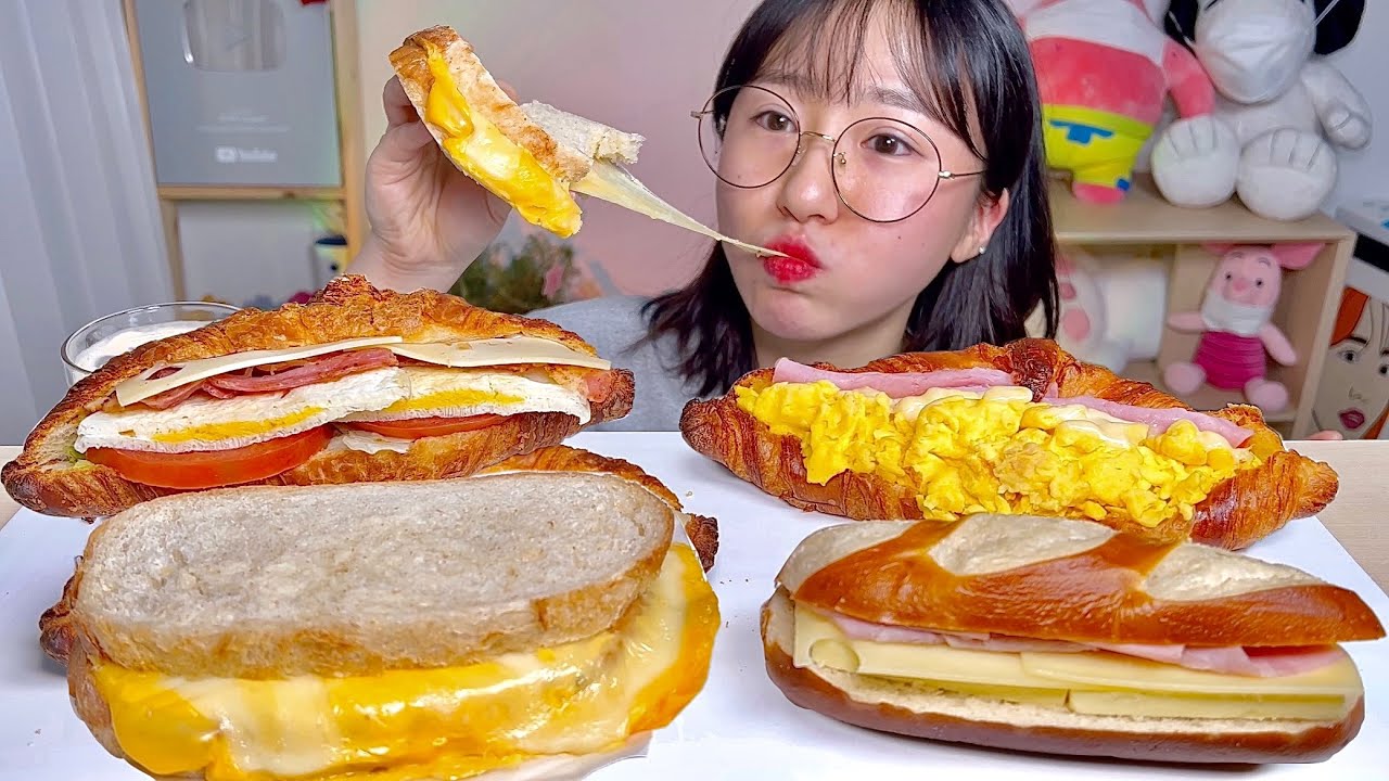여러가지 샌드위치🥪 크루아상🥐 프레즐🥖 콰트로치즈🧀 파니니 디저트 먹방 Dessert Mukbang