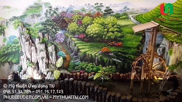 Tiểu cảnh trong nhà, tiểu cảnh cầu thang, phù điêu xi măng tại nhà hàng Tây Bắc