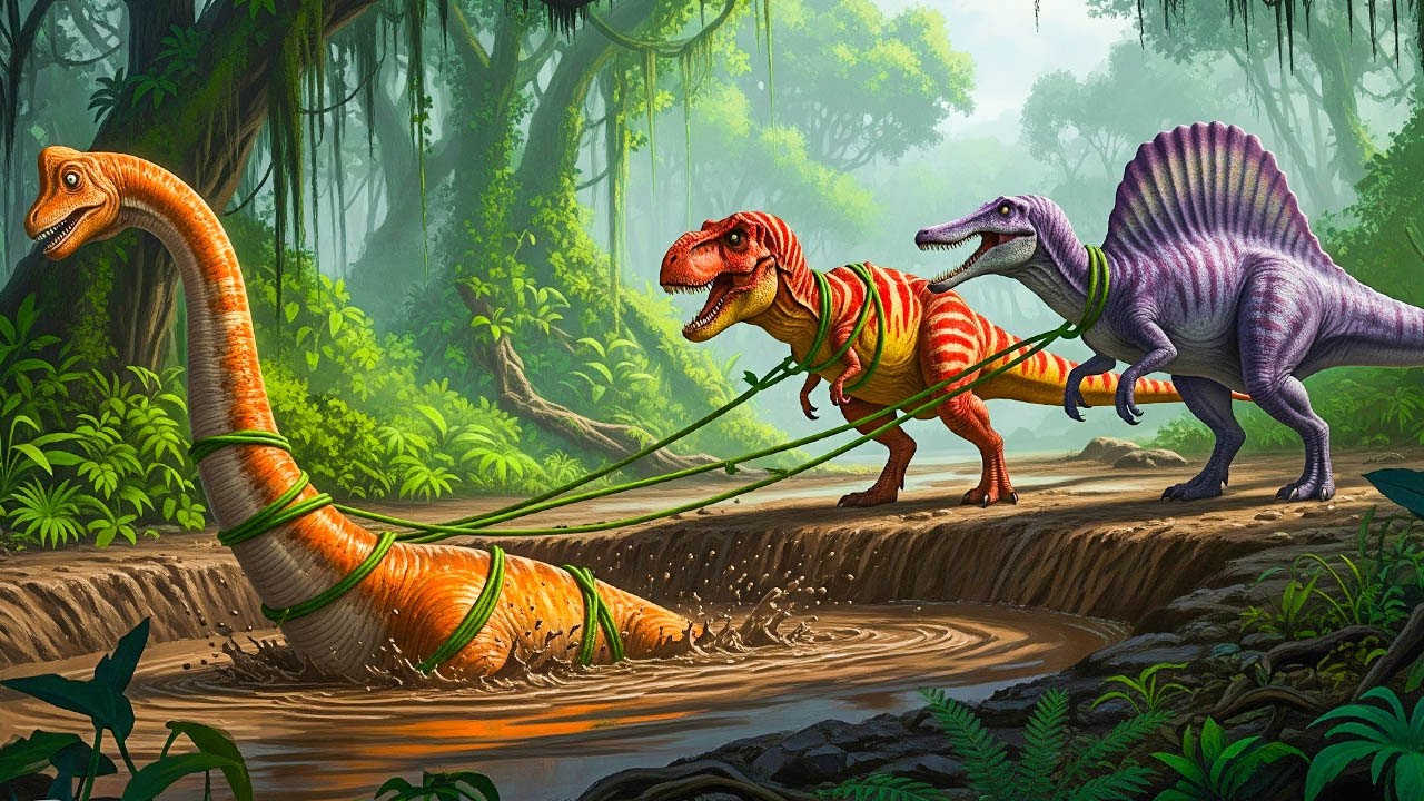T-Rex & Spinosaurus Rescue Brachiosaurus from Quicksand! 🦖🦕🌳