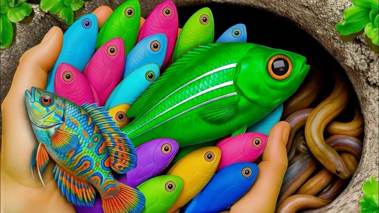 Ловите декоративных аквариумных рыбок в небольшом пруду, маленьких черепашек, красочных гуппи, со...