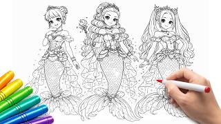 K-Pop Demon Hunter Huntrix ✨ Chibi Mermaid Glow Up | Rumi, Mira & Zoey 💖 Anime Coloring Pages screenshot 1