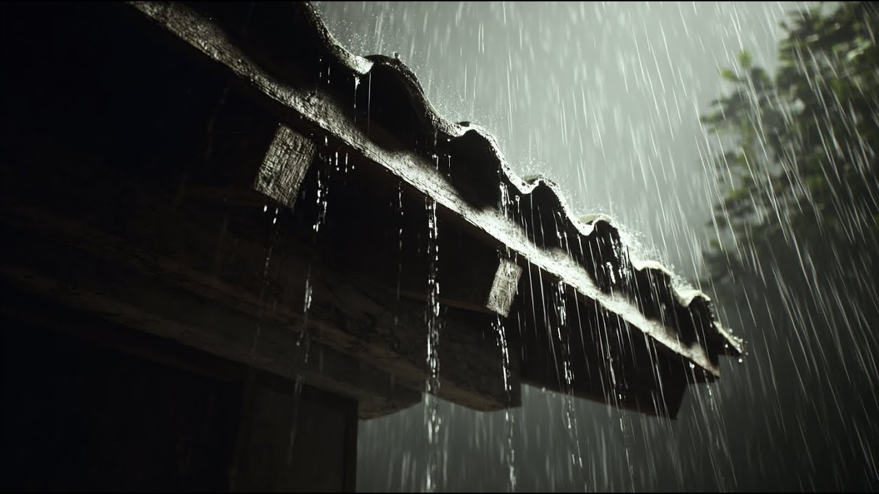 屋檐下的大雨整夜不停，真实雨声背景，适合放松解压与入睡
