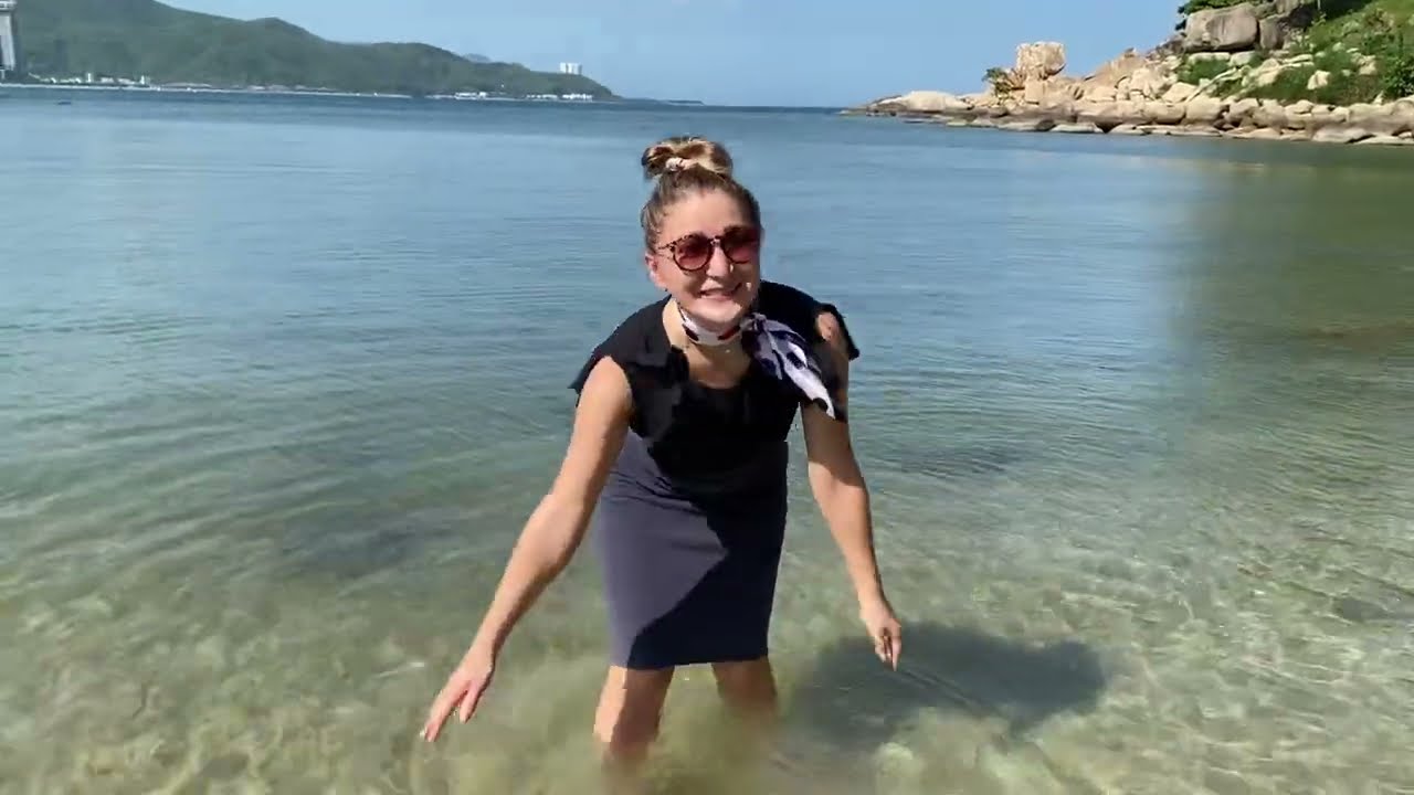 •WETLOOK• pleasure at sea blue skirt black blouse • #wetblueskirt #wetblackblouse #wetscarf #enjoy