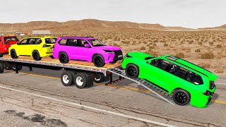 Flatbed Trailer Toyota LC Cars Transportation with Truck - Pothole vs Car #008 - BeamNG.Drive