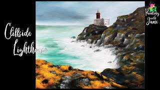 Cliffside Lighthouse - Step-by-Step Acrylic Painting on Canvas