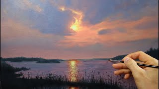 How to paint realistic clouds and water  painting a realistic sunset water scene