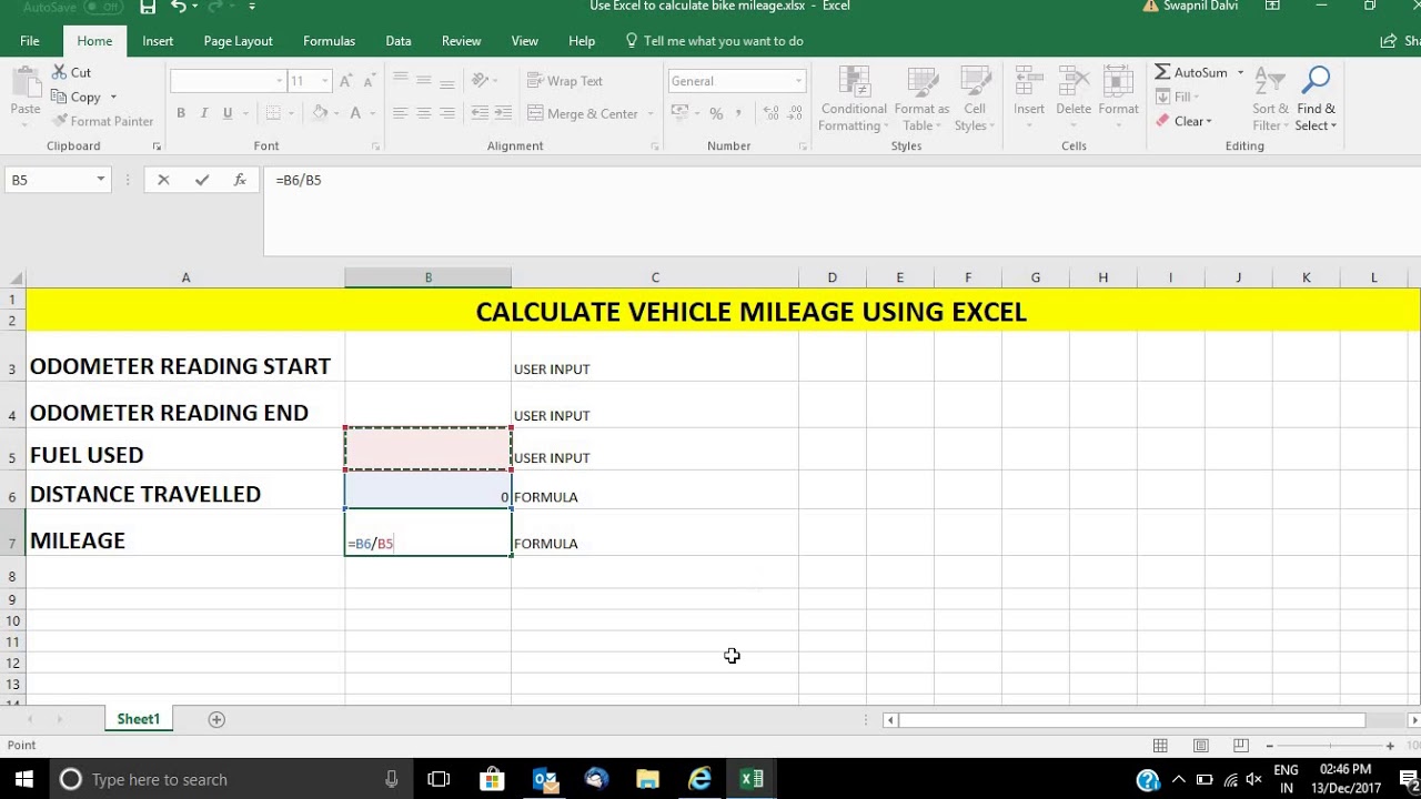 Calculate Your Vehicle Mileage Using Microsoft Excel Youtube