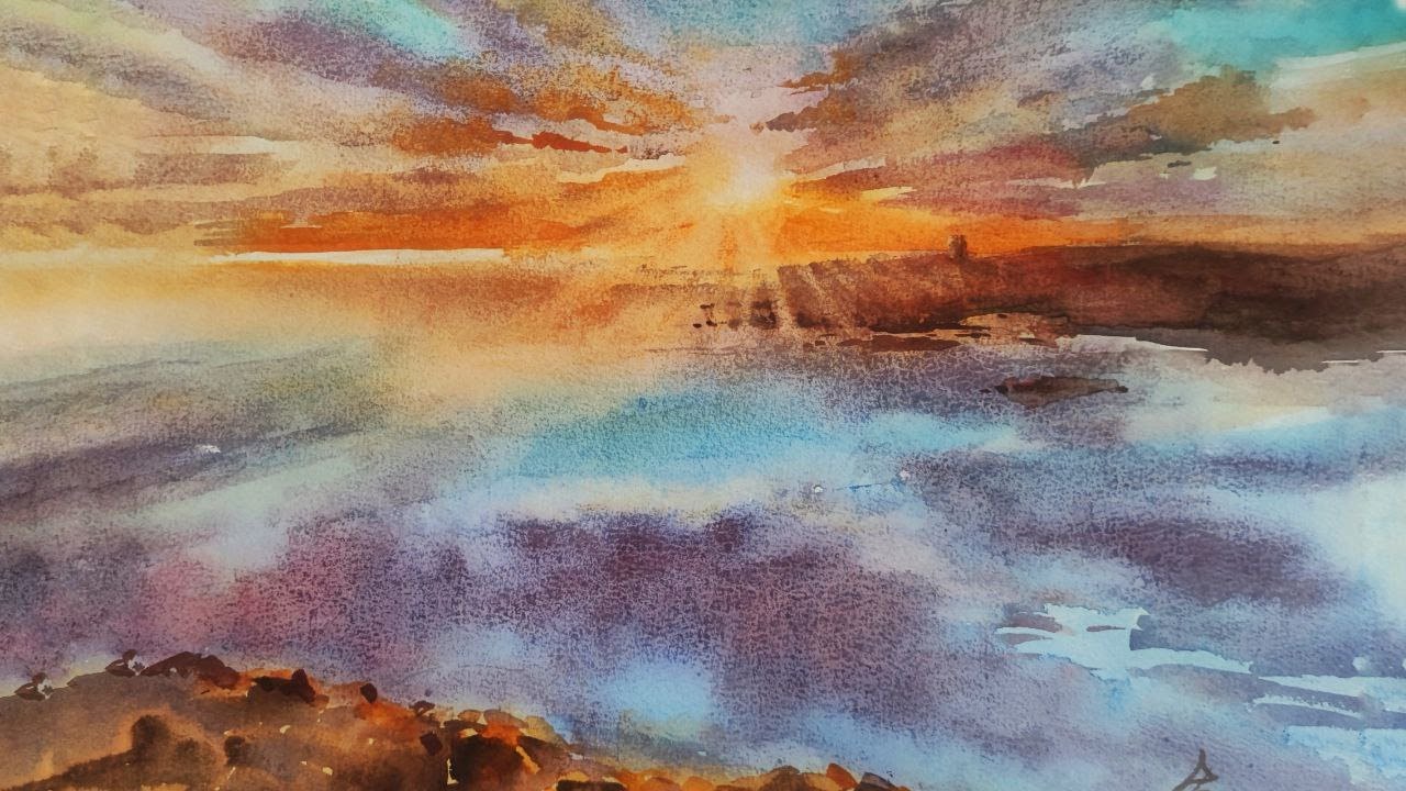 Як намалювати промені сонця на заході Sunset Over the Sea  How to Paint Sun Rays and Light Atmospher