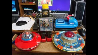 4 vintage '1960's' Japan space toys, in for repair. Demo video of functions.