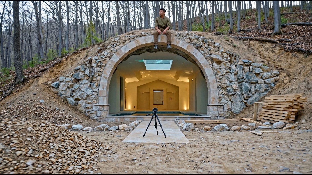 Modern Luxury Cave House Entrance (Stone Arch + Skylight)