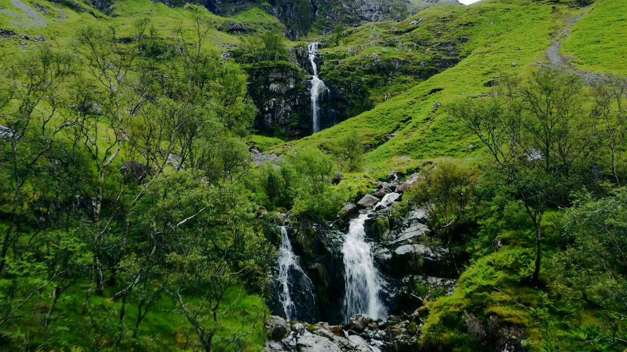 Drone Shot of Downhill Stream and Waterfall in Glen Coe | FREE Download 4k Drone Footage