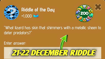 Riddle Of The Day Zoo 21-22 December | Zoo Riddle Of The Day Code | Riddle Of The Day Zoo