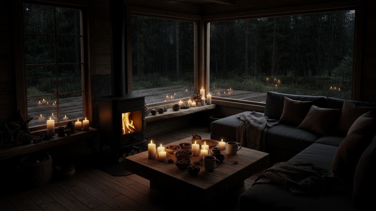 Late Night Rainstorm Cabin 🌧️ Warm Fireplace for Calm Mind