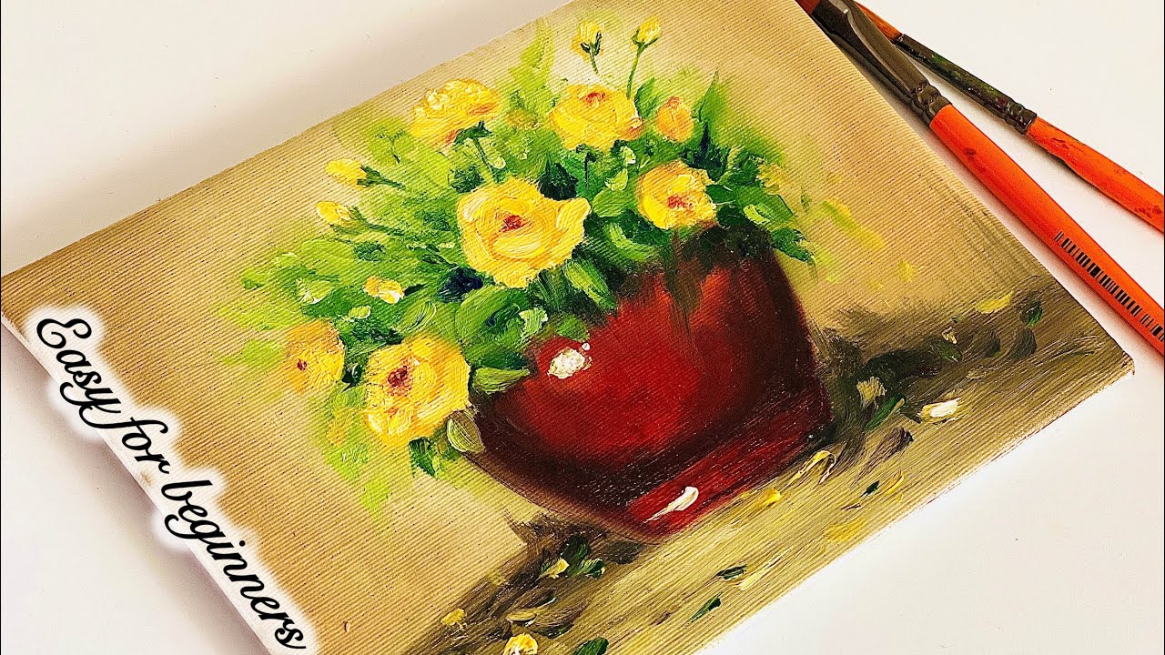 How to Paint Yellow Flowers in the vase? 🌼Easy Oil painting for ...