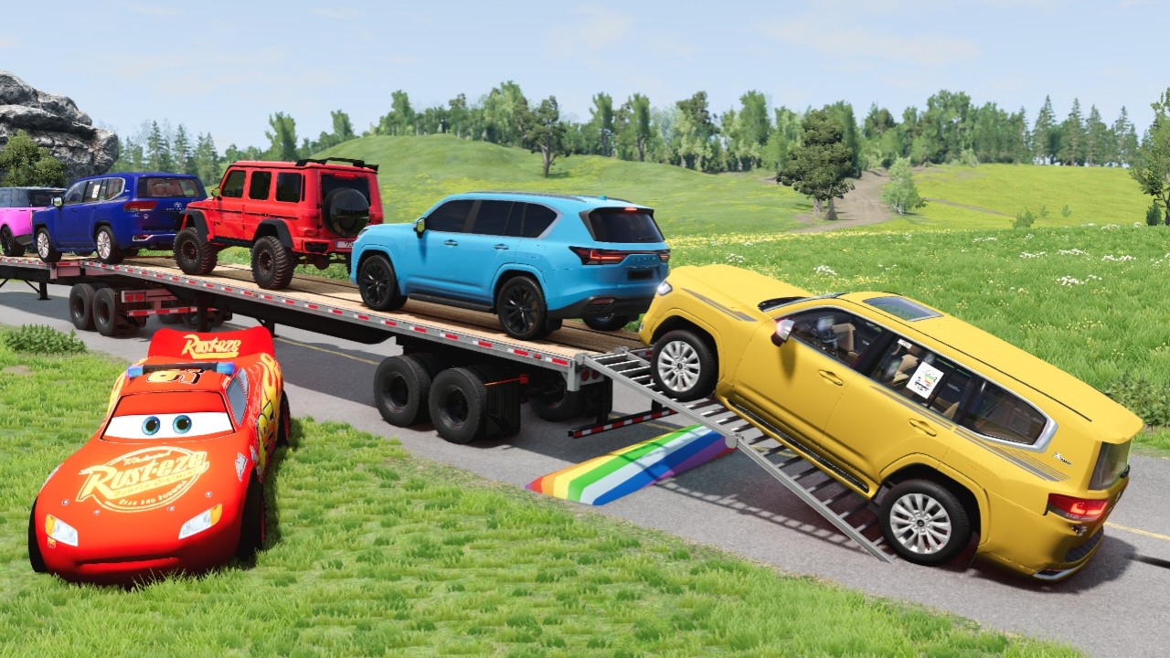 Flatbed Truck McQueen | Transportation with Truck - Pothole vs Car #18 | BeamNG.Drive Gameplay