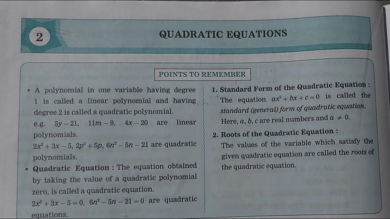 Class 10 part 1 chapter 2 Quadratic equations workbook solutions ...