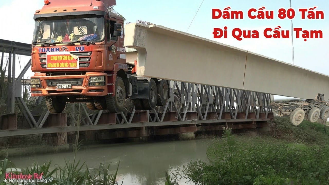 Xe Đầu Kéo,Kéo Dầm Cầu 80 Đi Qua Cầu Sắt Tạm Tài Xế Chạy Cũng Rung Chân. 