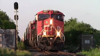 Very Fast Stack Train CN 121 w/Inspection Car Passing through Bagot, Quebec on a Sunny Evening