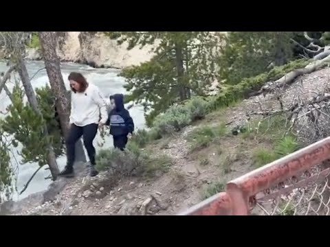 Terrifying moment mother leads toddler to edge of raging waterfall