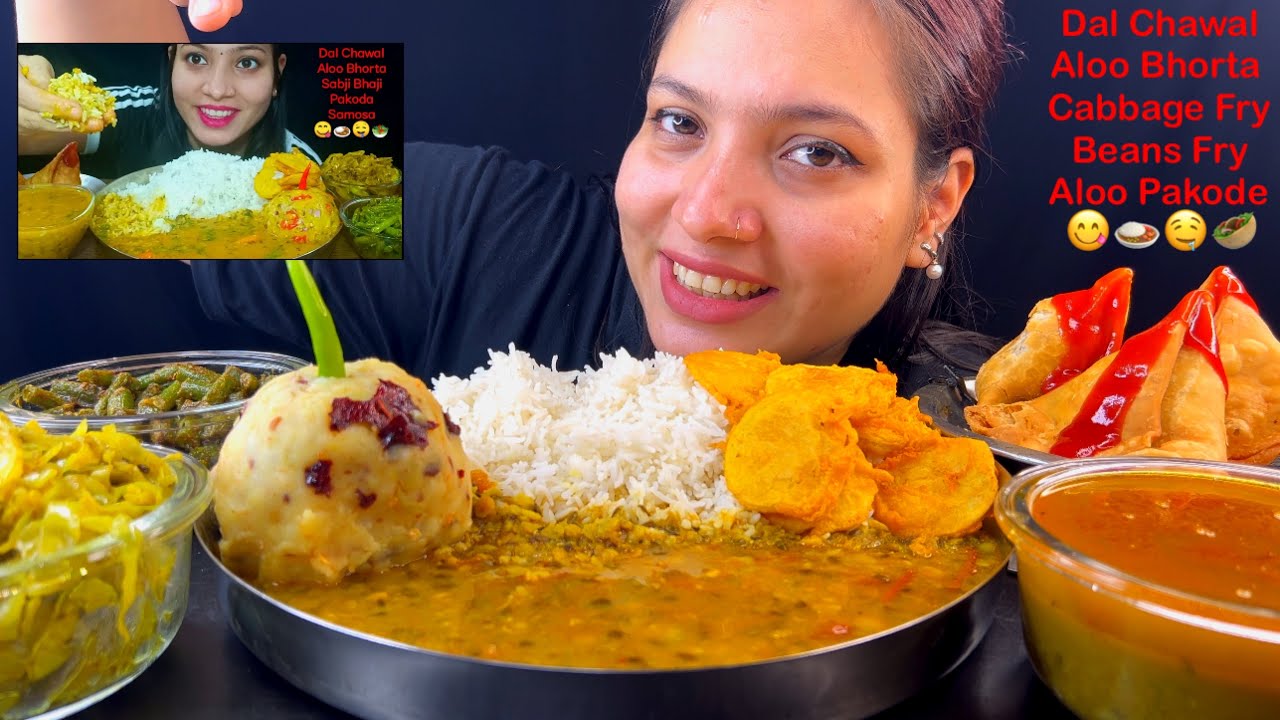 Eating Spicy🔥 Dal Chawal, Cabbage Fry, Aloo Bhorta, Beans Fry, Aloo Pakode, Samosa| Indian food Show