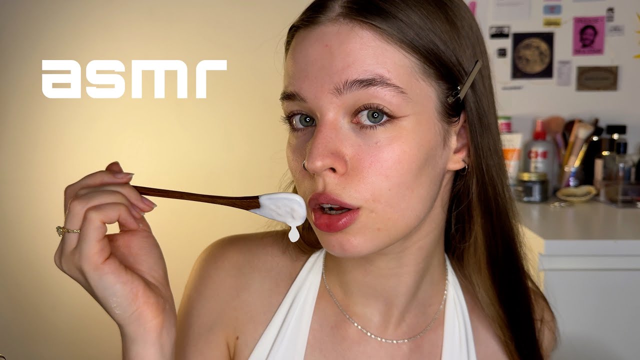 ASMR ем йогурт РАЗНЫМИ ложечками / звуки рта,плямканье