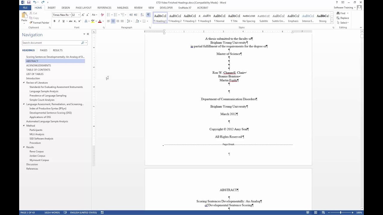 page numbering thesis in word