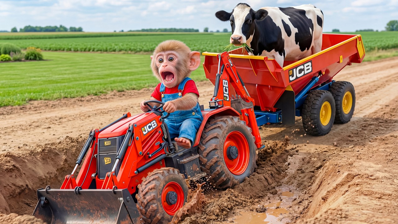 🐒🚜🐄 Monkey Nana’s JCB Rescue Goes WRONG! Cow in Danger as a Crocodile Appears! 🐊😱