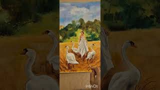 Golden Fields, White Wings: Unveiling Nature's Strength #oilpainting #painting #swans #natureart