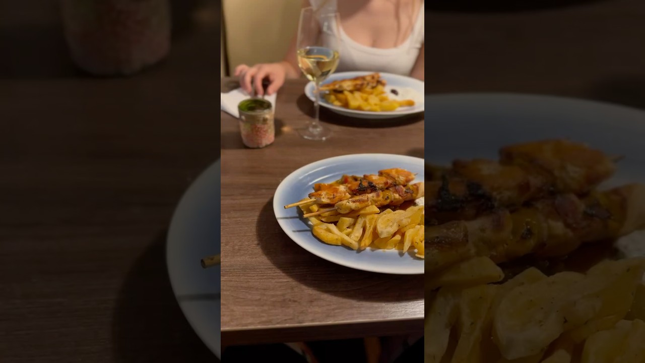 Romantic Greek dinner (Souvlaki) with wine🍷 🇬🇷 